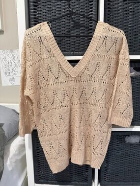 Women’s V-Neck Openwork Sweater - Cream